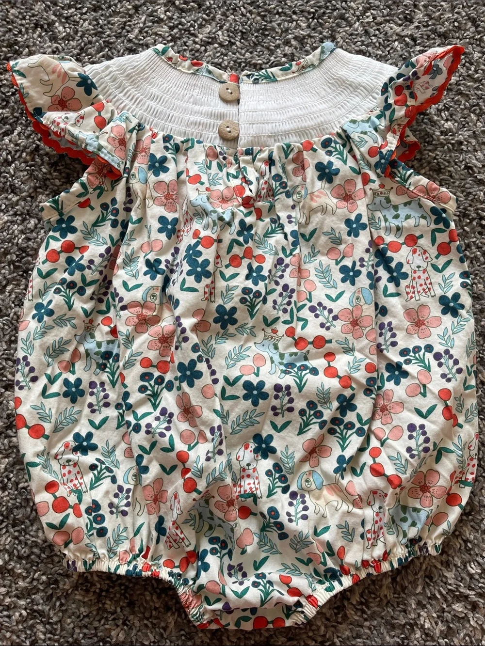 Marie Nicole Smocked Floral & Puppy Print Baby Romper - Size 6-9 months